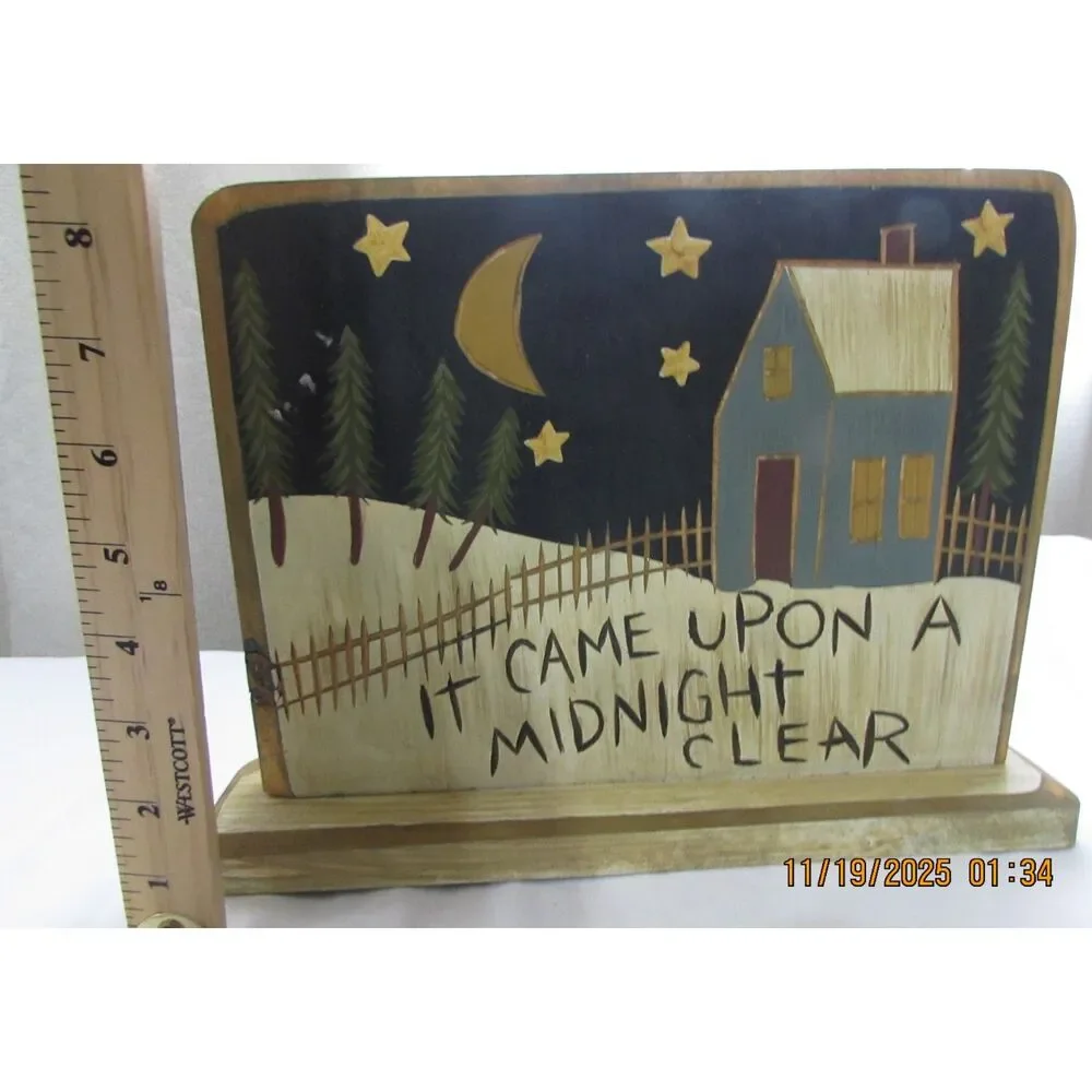 hand painted primitive sign Christmas etched wood with stand wood art country